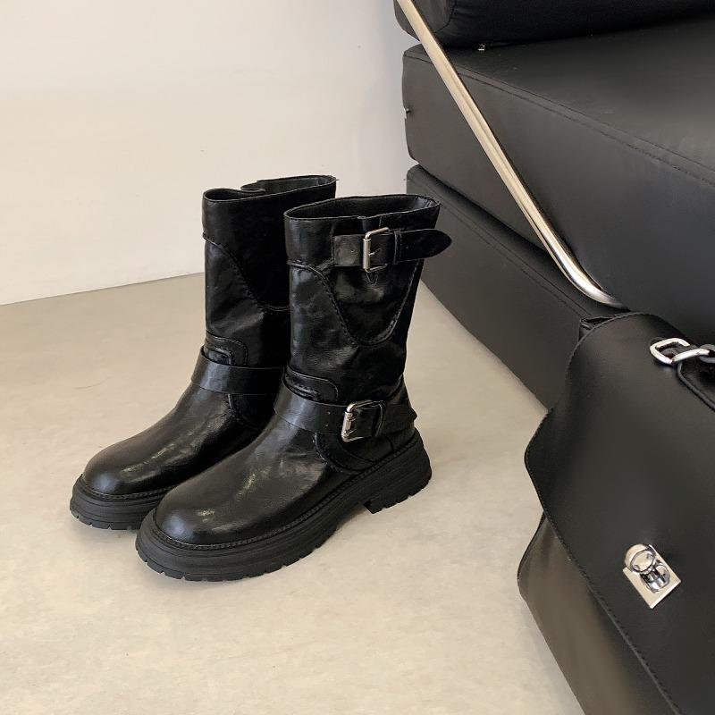 

Версия из коровьей кожи~ ретро панк стиль круглый носок пряжка на ремне рыцарские сапоги женские новые на толстой подошве ботинки Мартин ботинки Venom 40 чёрный