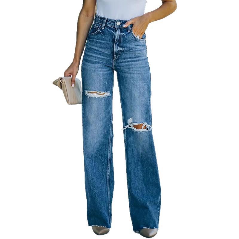 2025 Spring Women's High-Waisted Washed Ripped Wide-Leg Denim Jeans