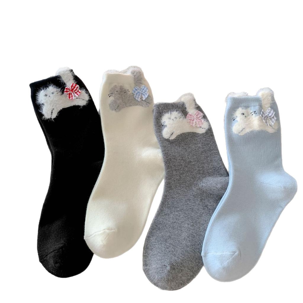 Three-Dimensional Plush Kittens Pile Up Socks Korean Sweet Plaid Mid-Leg Socks Bow Decoration Soft Glutinous Socks Milk White Cotton