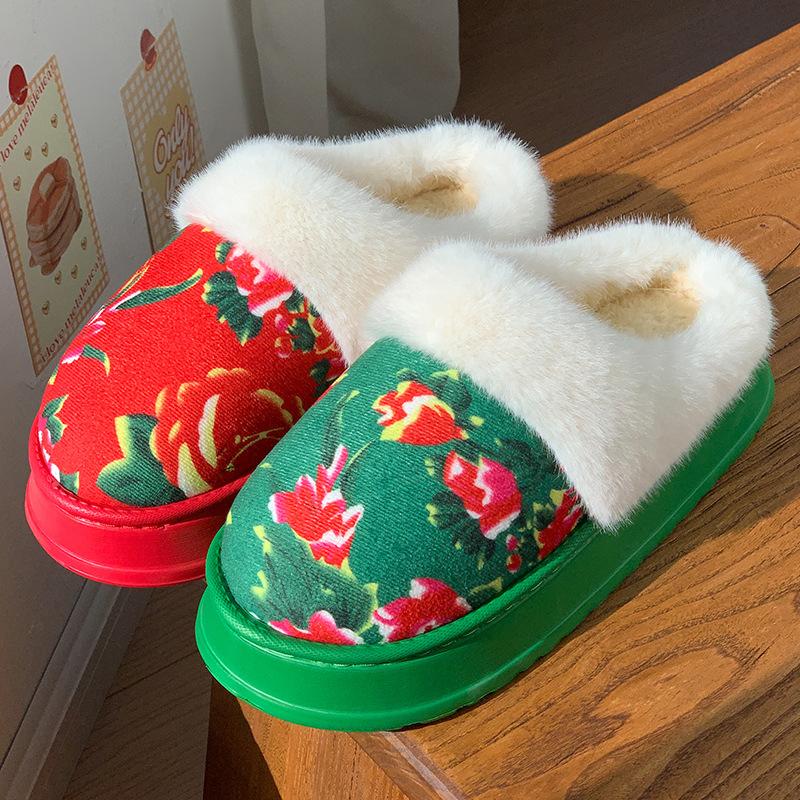 Northeast Big Flower Plush Cotton Slippers Winter Indoor Home Thick Bottom Non-slip Piled Warm Couple Cotton Mop