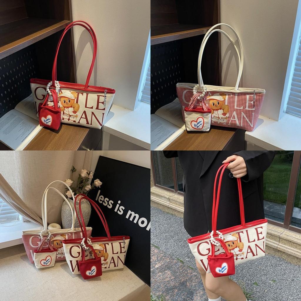 Small Bear Letter Bag Women Large Canvas Casual Commuting Bag For School And Work