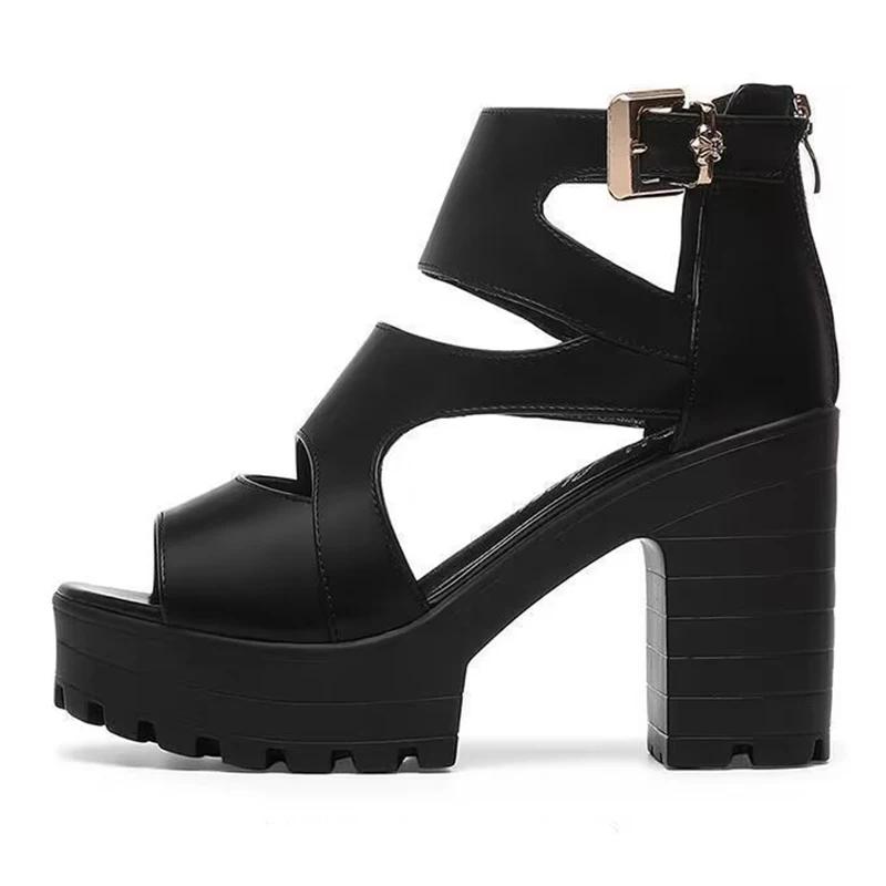 Fashion High Heels Sandalias De Mujer Thick Soles Wedges Hollow Out Roman Sandales Shoes Black Peep Toe Female Summer Footwear Slides