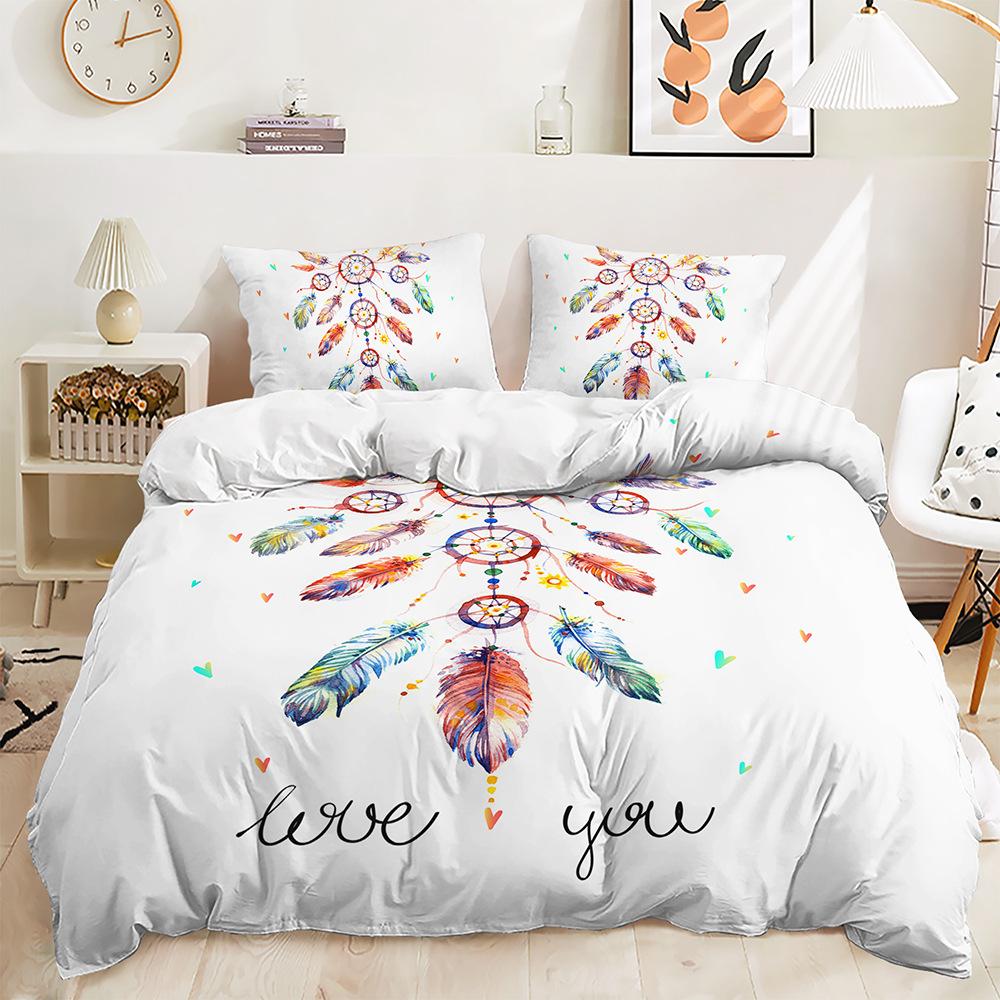Three-Piece 3D Quilt Cover Dream Catcher Feather Dark Kit Bedding