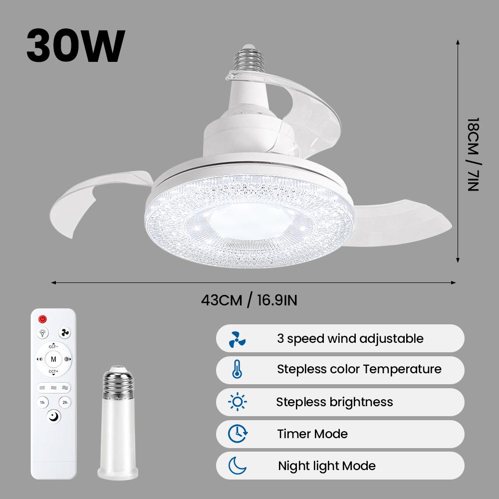 

E27 Screw LED Invisible Fan Light 3 Speed Wind Adjustable Timming Function Remote Control Hone Ceiling Fan Light For Living Room 30W 43cm