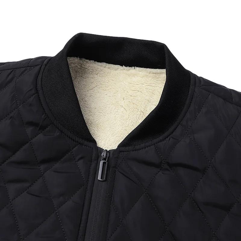 Men's Thickened Fleece Cotton Jacket Autumn Winter Warm Zipper Trendy Diamond Pattern Coat Baseball Collar Men Fashion Overcoat