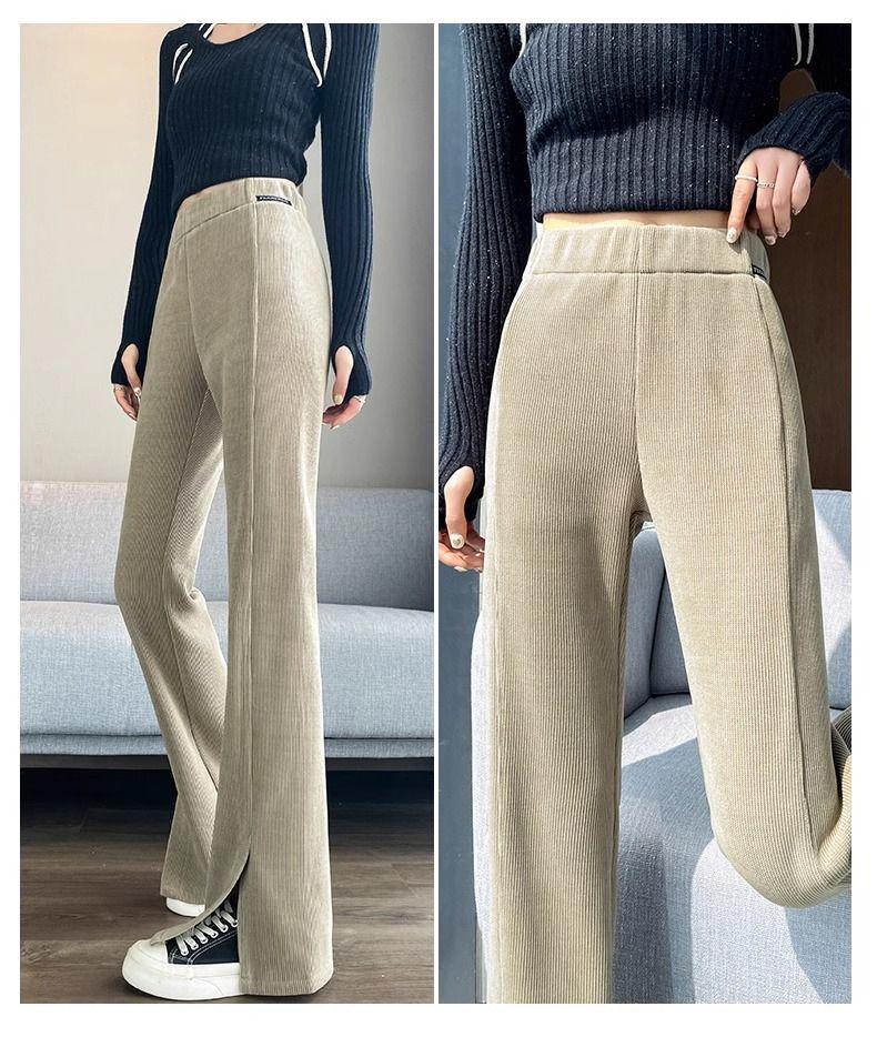 Women's Fleece-Lined Chenille Corduroy Flare Pants with Slits, Autumn/Winter 2024 Style