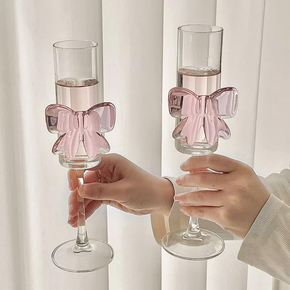 2pcs Clear Champagne Flutes 3D Bow Goblet Unique Drinking Glasses  Party Supplies