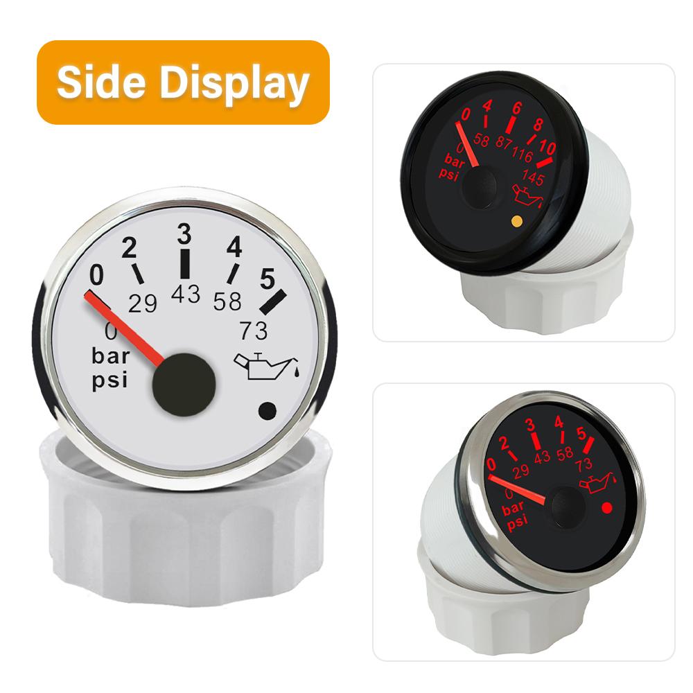 Rhaxel 52mm Oil Pressure Gauge Meter 0-5Bar 0-73PSI 0-10Bar 0-145PSI with Red Backlight with Alarm 12V 24V for Car Yachts