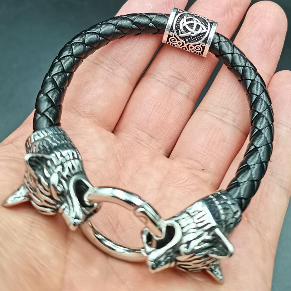 Wolf Head Bracelet Stainless Steel Viking Rune Bead Leather Bracelet Jewelry For Women Men Unisex Gift