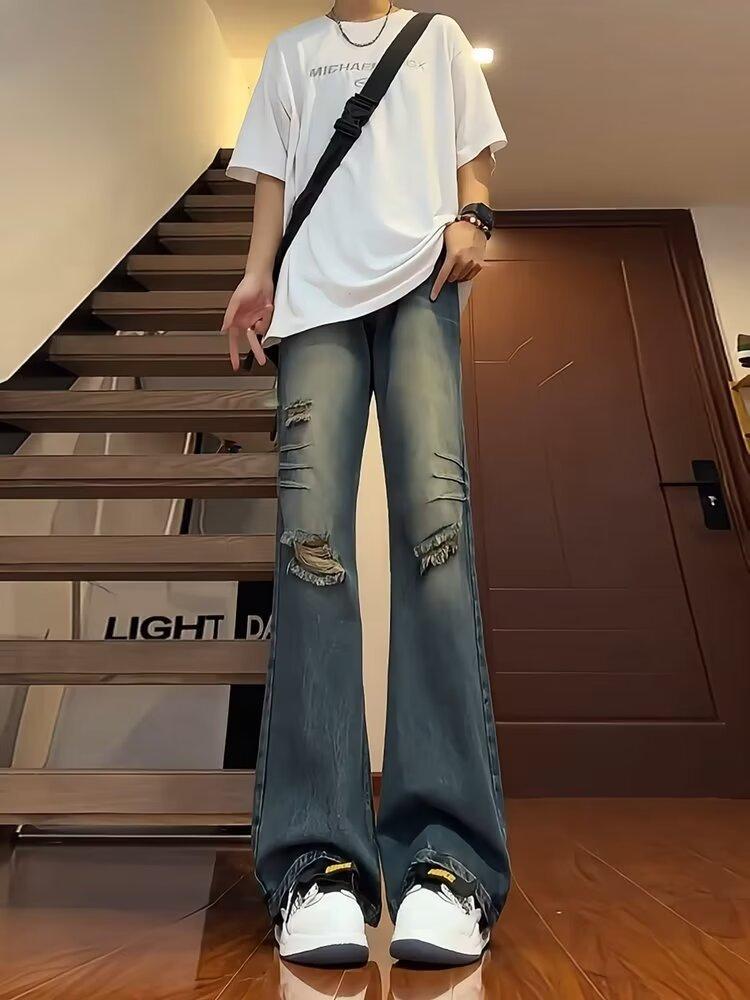 Semi-elastic jeans men's and women's summer thin ripped pants American high street vibe straight-leg micro-pull pants