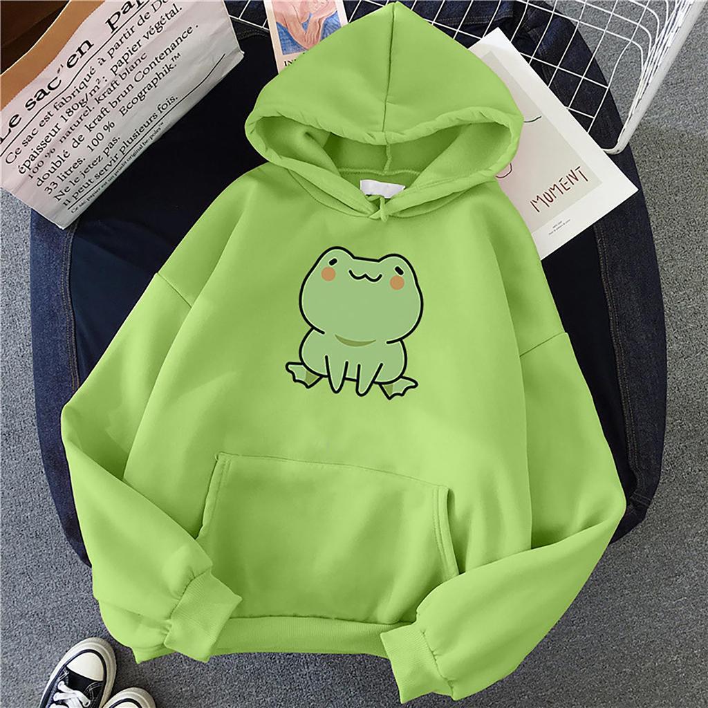 Women Frog Print Hoodie Ladies Candy Colored Long Sleeved Fleece Hooded Student Loose and Casual Top