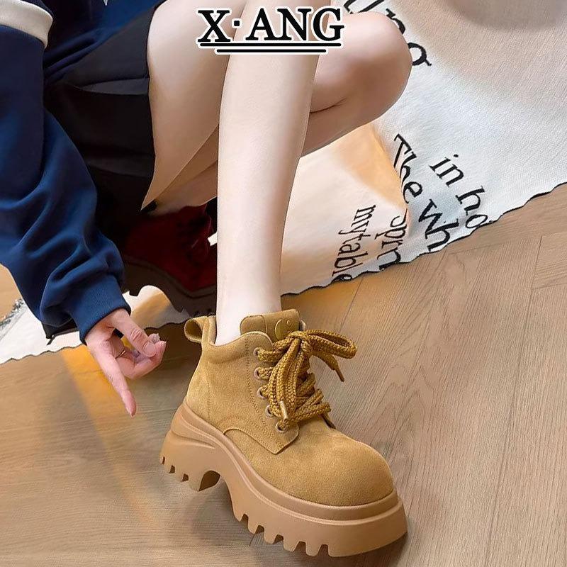 Leather Martin Boots Women's Boots Thick Sole Height Increase Cm Small Short Boots Autumn and Winter New Chelsea Boots Single Boots