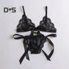 2 Pcs/Set Bra Panties Set Lace Uo Bow knot See through Lace V Neck Spaghetti Strap Three Point Pornographic Lady Underwear Suit