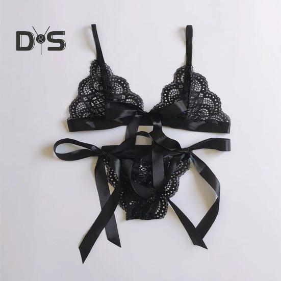 2 Pcs/Set Bra Panties Set Lace Uo Bow knot See through Lace V Neck Spaghetti Strap Three Point Pornographic Lady Underwear Suit
