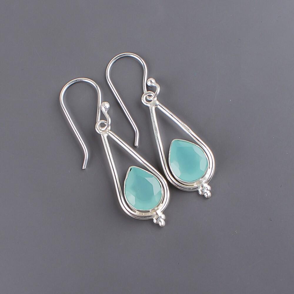 Aqua Chalcedony Gemstone 925 Sterling Silver Handmade Jewelry Earrings 1.50" EE-14-17