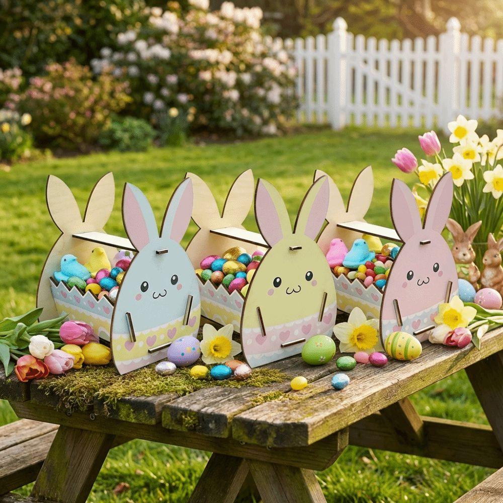 DIY Paint Easter Bunny Basket Wooden Candy Storage Basket Rabbit Storage Box  Easter Parties