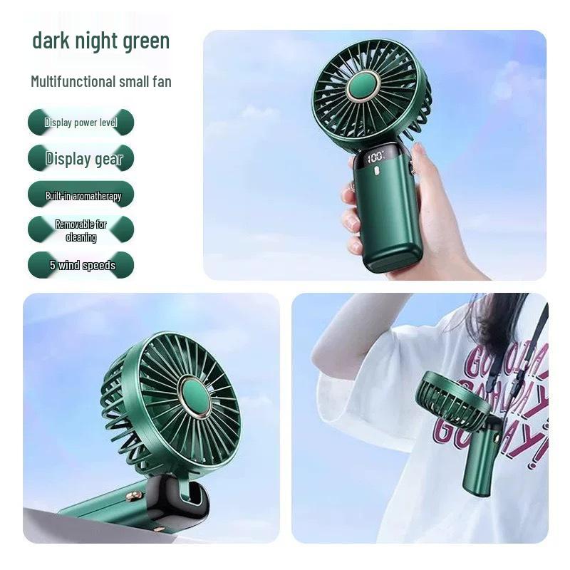 USB Rechargeable Portable Silent Mini Fan with Digital Display & Foldable Design 3000mAh (+Lanyard+Scent)