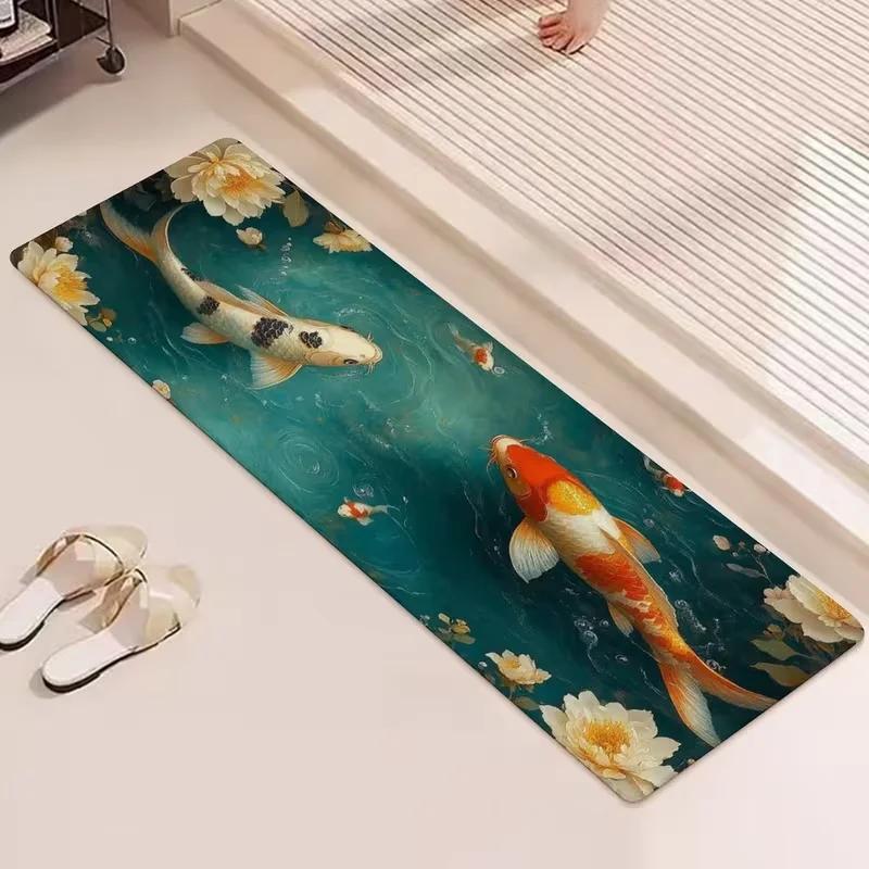 2D Koi-Fischteich Läufer Teppich Karpfen Wasserbecken Teppich Visuelle Illusion Weiche Rutschfeste Fußmatte Trendige Heimdekoration für Wohnzimmer