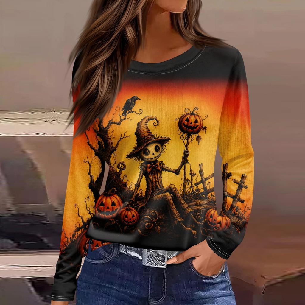 Women's Halloween Print Long Sleeve Top with Round Neck and Hem Slit for Casual Party Wear