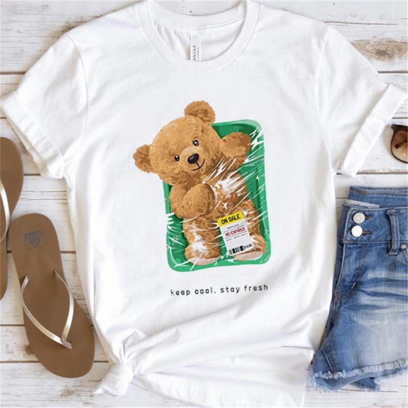 Cute Little Bear Print TShirt Summer Trend White Short Sleeve Neck Casual Sports Aesthetic Clothes Womens Graphic T Shirts