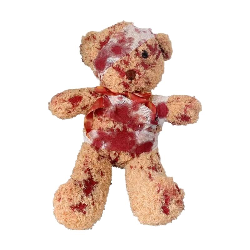 Bloody Damaged Bear Doll with Realistic Wounds PP Cotton Texture for Gothic Themed Event and Spooky Home Displays