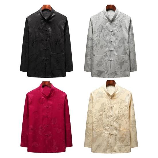 Men Top Chinese Style Stand Collar Single-breasted Solid Color Dragon Pattern Loose Pockets Long Sleeve Mid-aged Elderly Men Shirt
