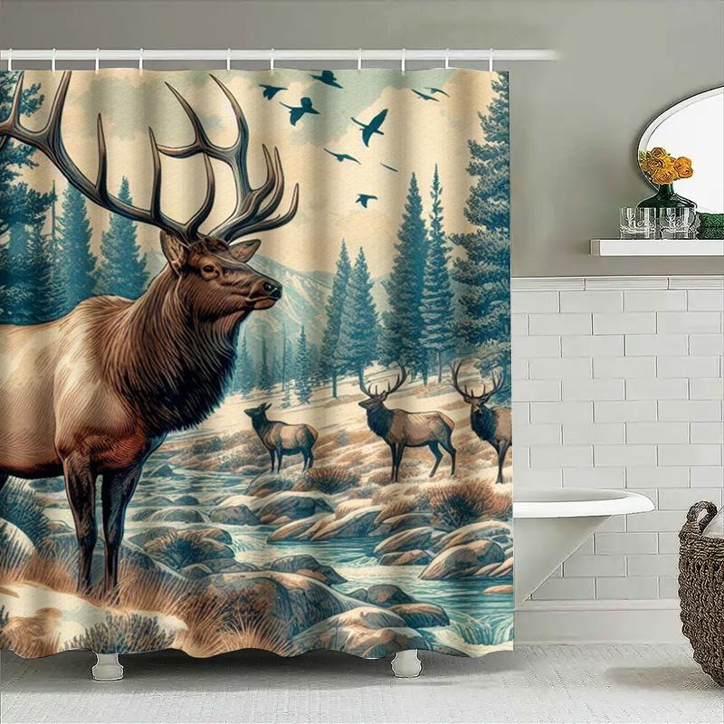 Outdoor Deer Shower Curtain Wildlife Home Decor Bath Mat Elk Print Waterproof Fabric Bathroom Decoration Multicolored Size: 72 X