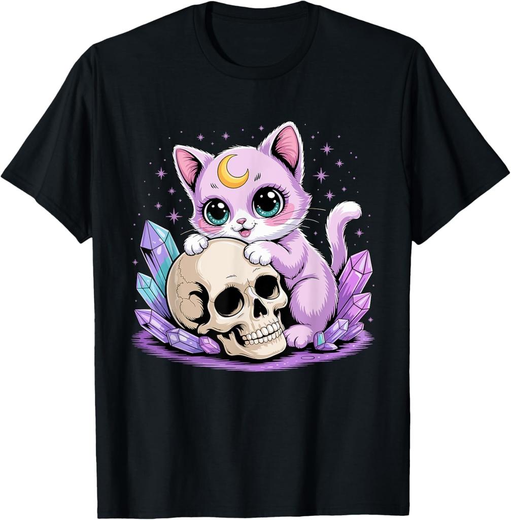 Kawaii Pastel Goth Cute Creepy Cat Bat Skeleton T-Shirt Print Original Design Gifts T Shirts Mens Clothing Camisas Streetwear