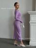 Women's V-Neck Knit Dress with Metal Buttons and Waist Belt, Side Slit, Casual Elegant Long Sleeve Sweater Dress