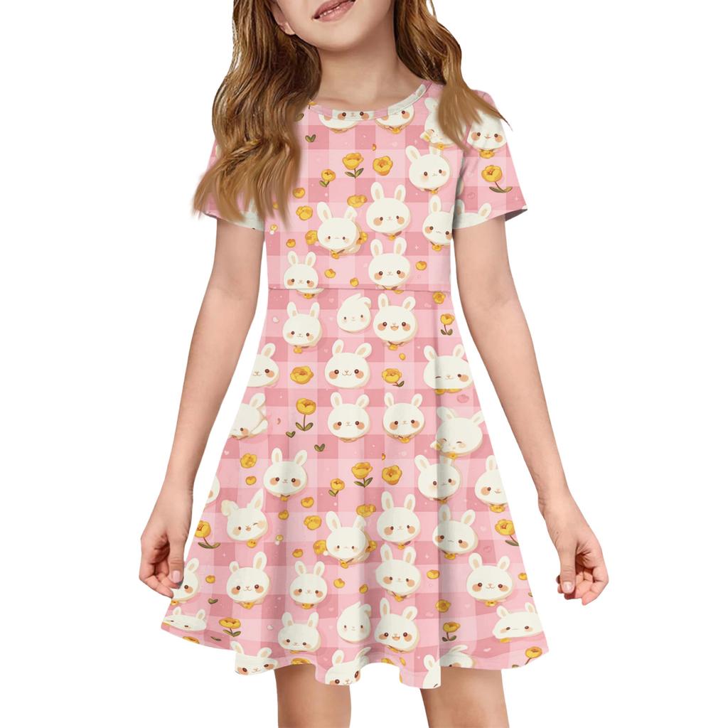 Robe d'été pour fille Couleur & Imprimé Manches Courtes Avec Poche Robe Décontractée Manches Courtes Robe de Soirée Jour de Pâques