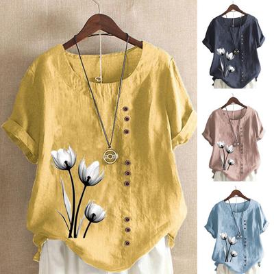 T-shirt manches courtes col rond femme, pull-over, décor de boutons, imprimé floral