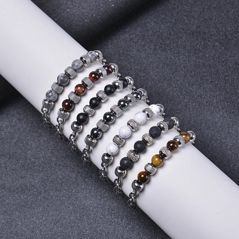 Noter Men Bracelet Stainless Steel Adjustable Chain Link Braslet Natural Tiger Eyes Lava Rock Stone Braclet Gifts For Boyfriend