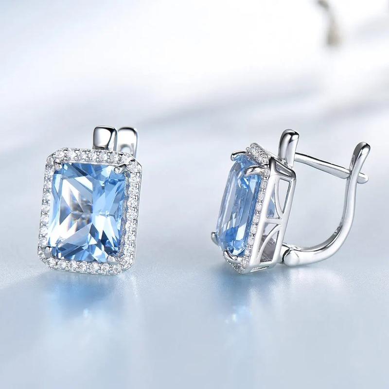 925 Sterling Silver Luxury Nano Sky Blue Topaz  Emerald Gemstone Clip On Earrings Earrings For Women Birthday Fine Jewelry Gift