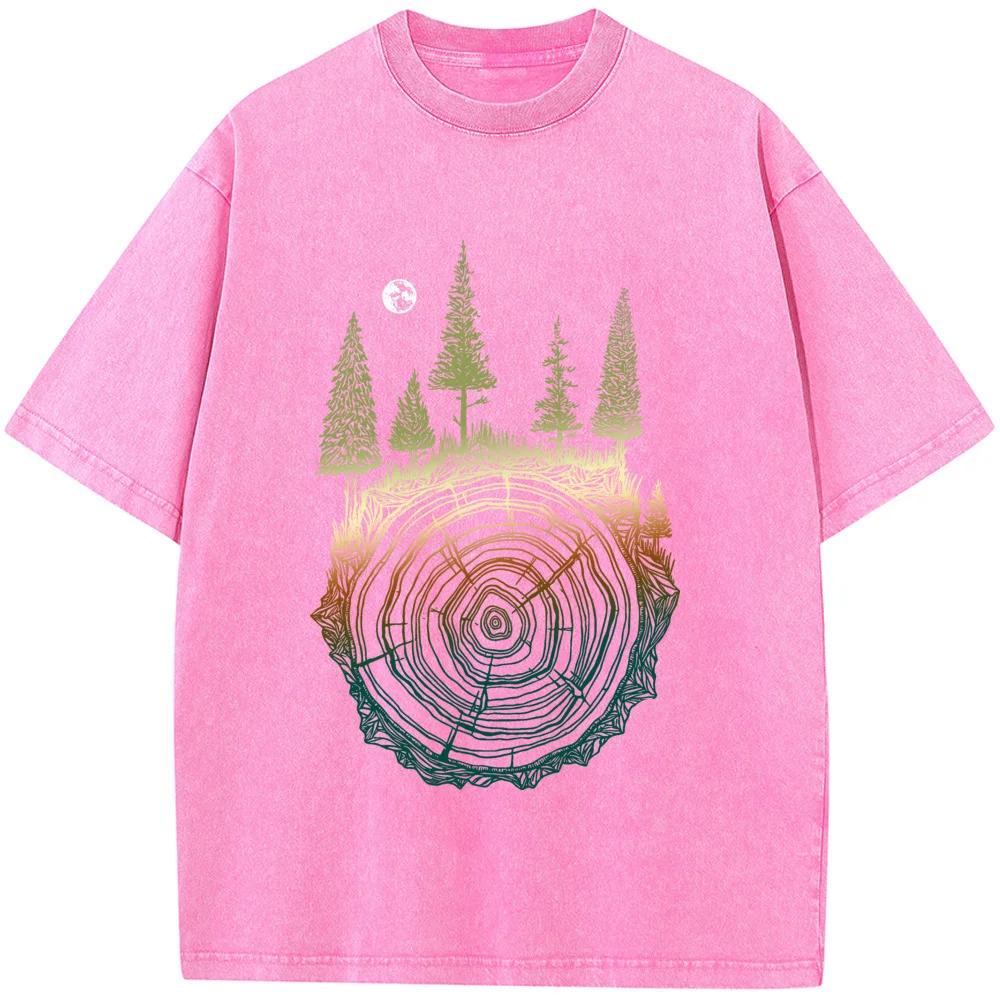 Colorful Tree Ring Men Washed T-Shirt Cotton Loose Casual Bleached Tshirt Novelty Fashion Bleach T Shirt Tops Tee