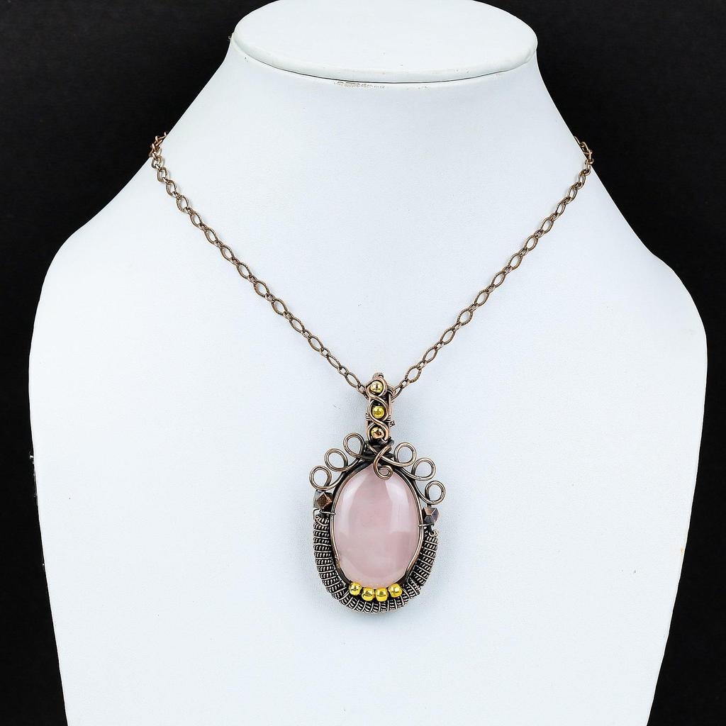 Rose Quartz Gemstone Pure Copper Wire Wrapped Handmade Pendant Jewelry For Gift