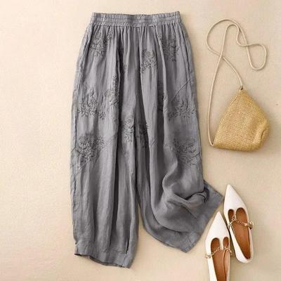Baumwoll-Leinen Vintage Bestickte Haremshose für Damen, Sommer Leichte Atmungsaktive Elastische Taille Laternenhose, Petite und Übergröße