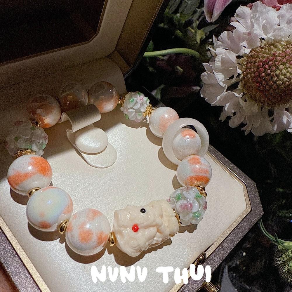 Flower Silk Color, Agate Entangled Blessing Bead Bracelet, New Chinese Style, Flower Like Brocade Flower Ball Glazed Bracelet, Combination
