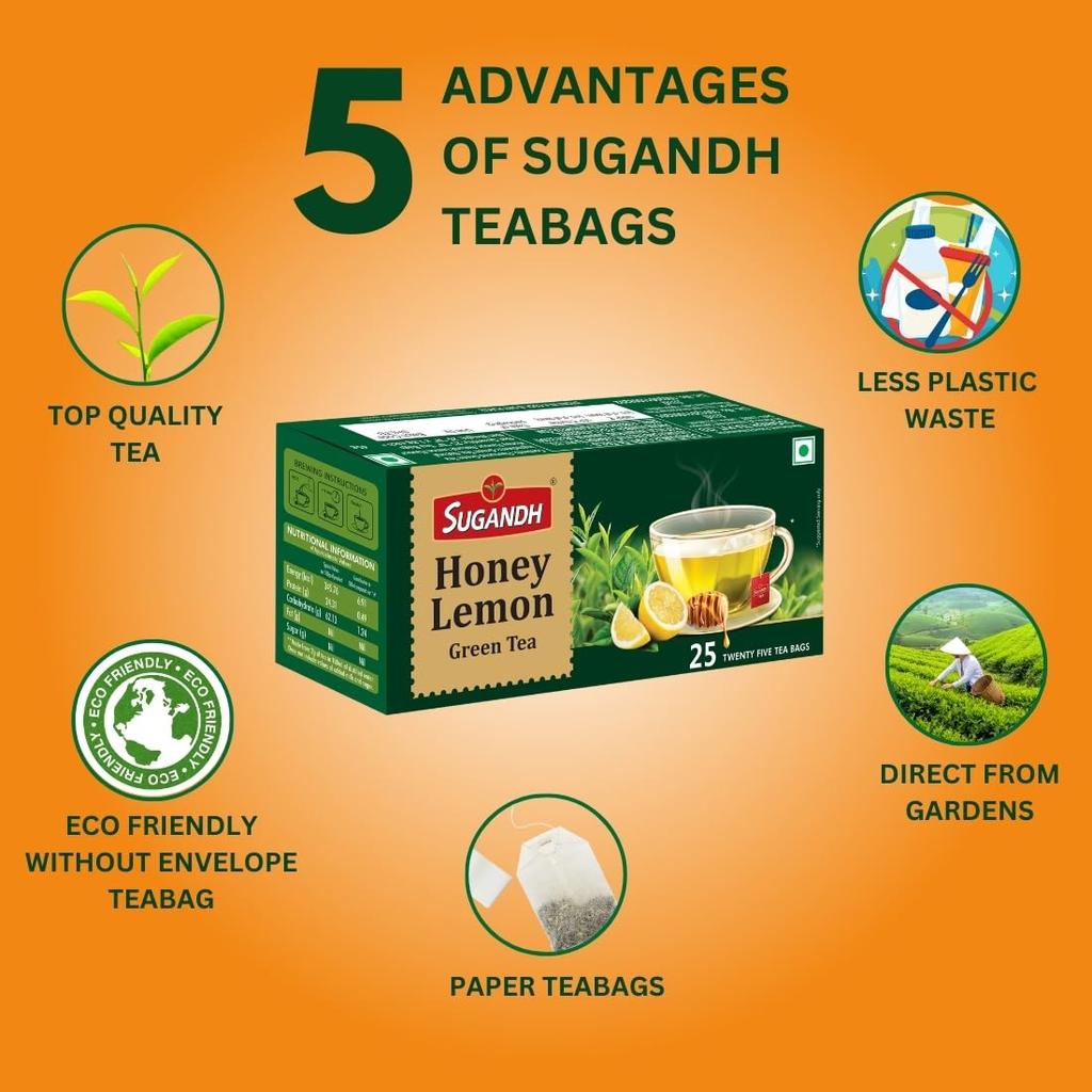 Sugandh Honey Lemon Green Tea | Natural Flavour with Refreshing Taste | Soothing Wellness Drink | 25 Tea Bags x 2 Packs