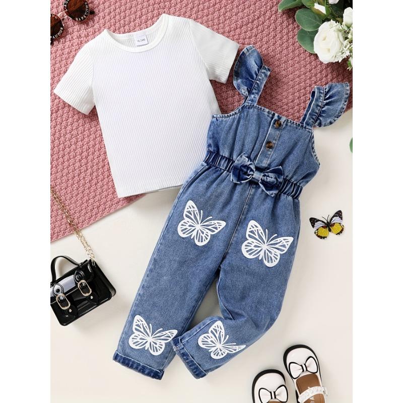 2pcs Set Of Elegant, Sweet, And Cute Little Girl'S Neat Color Pit Stripe T-shirt And Butterfly Print Ruffled Denim Jumpsuit Suitable