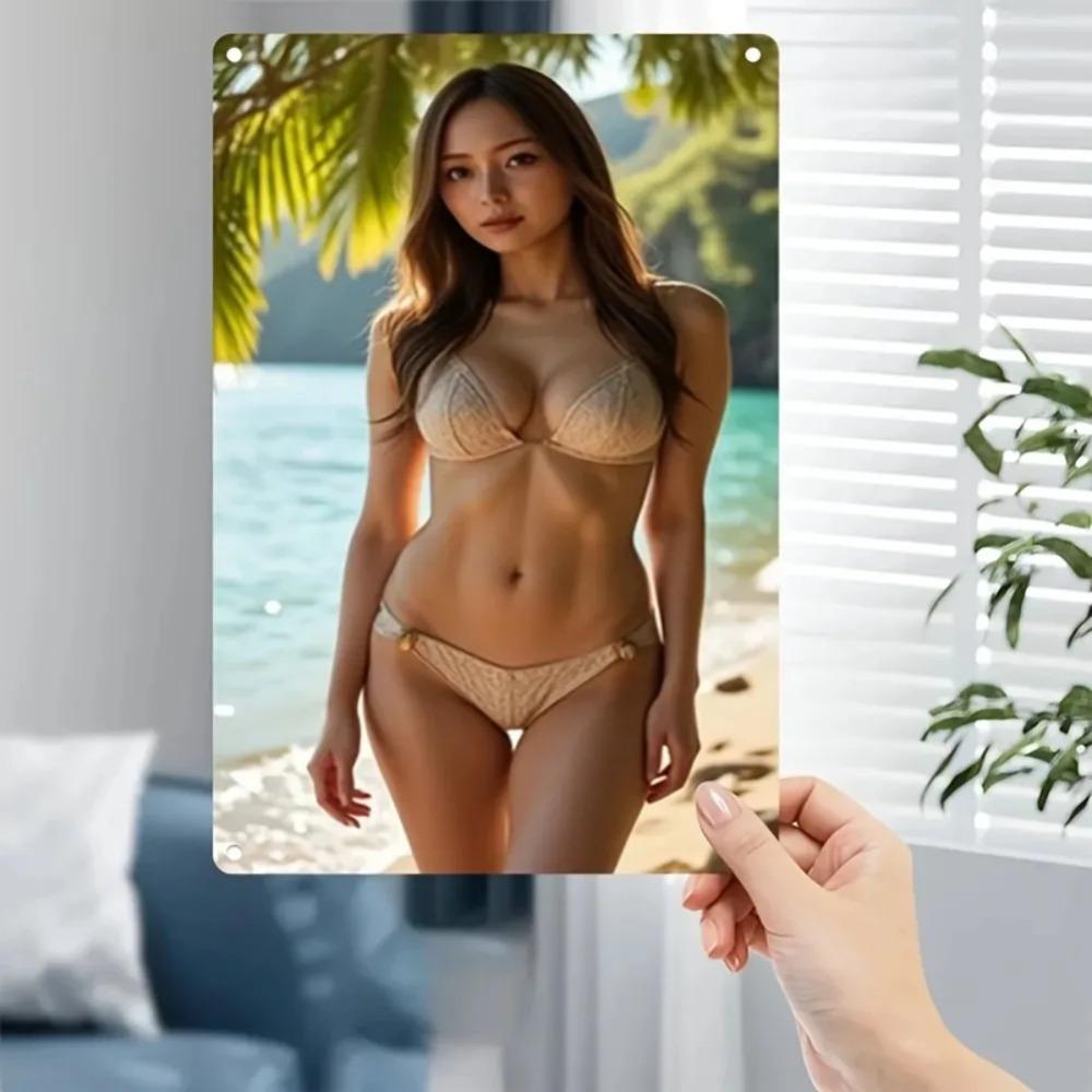 Blonde Bikini Lady Metal Wall Decor - Tropical Beach Palm Tree Art, Durable Iron Frame Easy Install for Home Cafe Bar