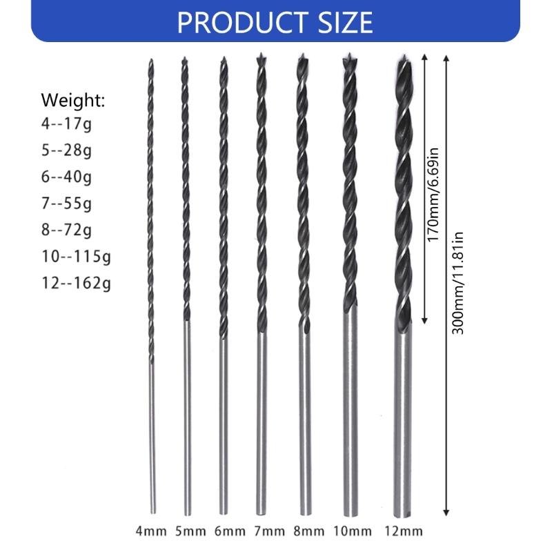 Profesionální sada 7 kusů vrtáků do dřeva 4-12 mm 300 mm prodloužené dřevěné vrtáky Heavy Duty uhlíková ocel pro stavbu z tvrdého dřeva