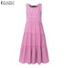 ZANZEA Women Casual Round Neck Summer Sleeveless Plaid Print Dress