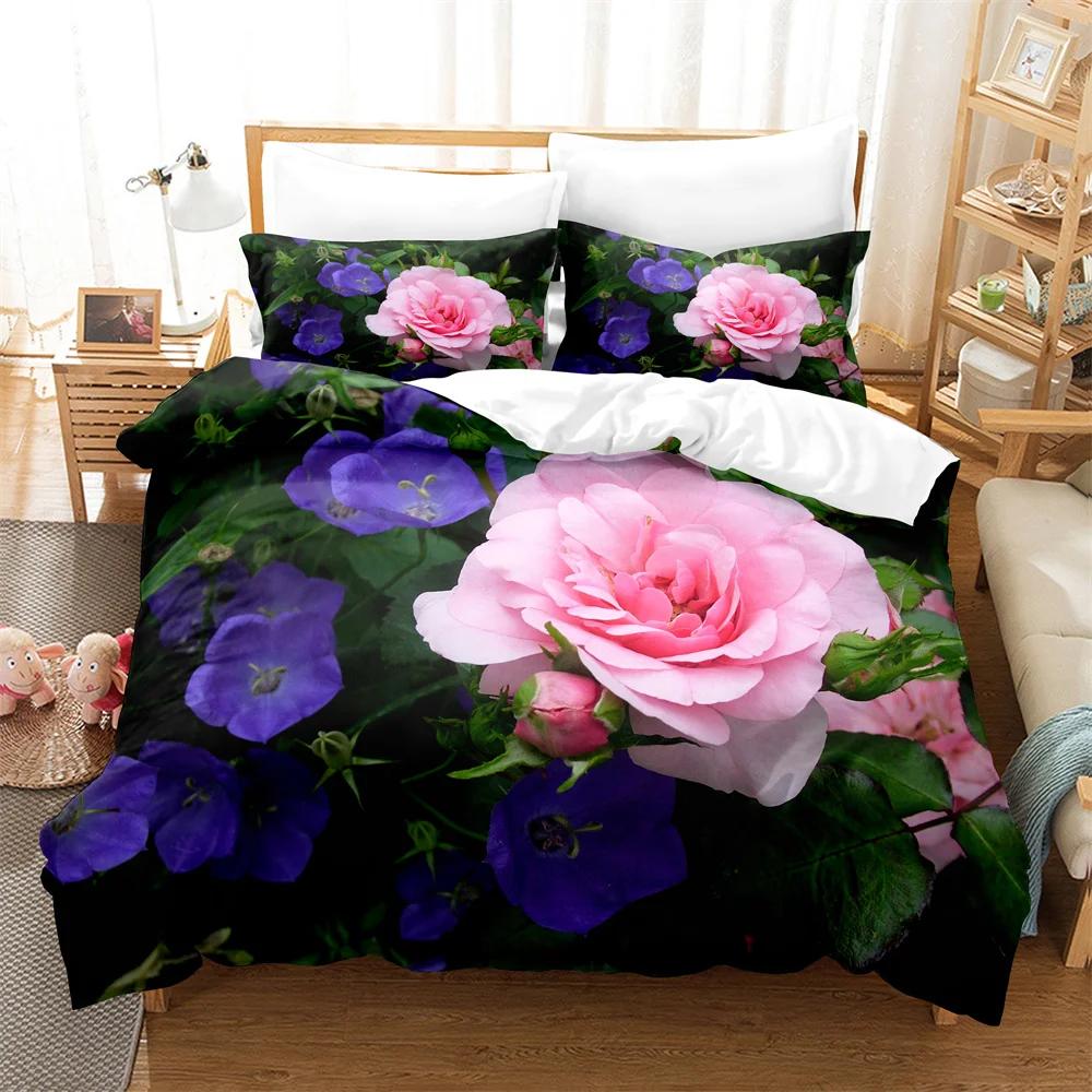 Comforter Rose Flower Bedding Set 4Pcs Pink Red 200X230 For Double Bed 3D Bedsheet 230X230 Full Size Thin Fabric