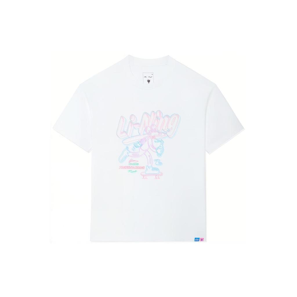 Li-Ning X Steven Harrington Neon Cartoon Print Loose Short Sleeve T-Shirt Unisex Tops White AHSSC47-3