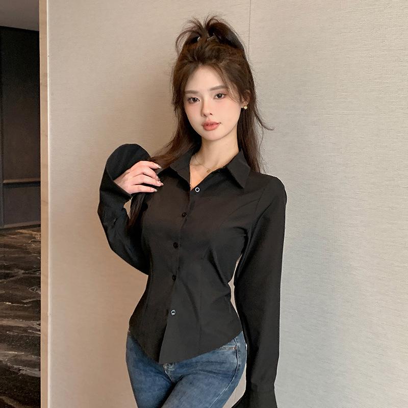 Spicy Girl Women's Slim Fit White Shirt - Chic, Waist-Cinching, Long Sleeve Cardigan for Spring and Autumn.