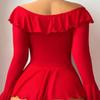 Plus Size Sexy Mesh Transparent Nightgown Rave Ruffle Bell Long Sleeve Off Shoulder Dress Lingerie Babydoll with Thong Nightwear