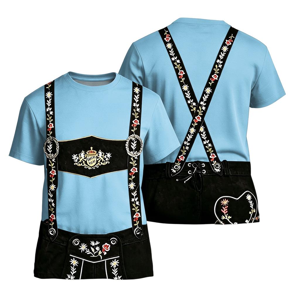 Men's Oktoberfest Short Sleeve T Shirt Vintage Texture Print Loose Fit Casual Summer Daily Wear Top with Embroidered Suspenders Design
