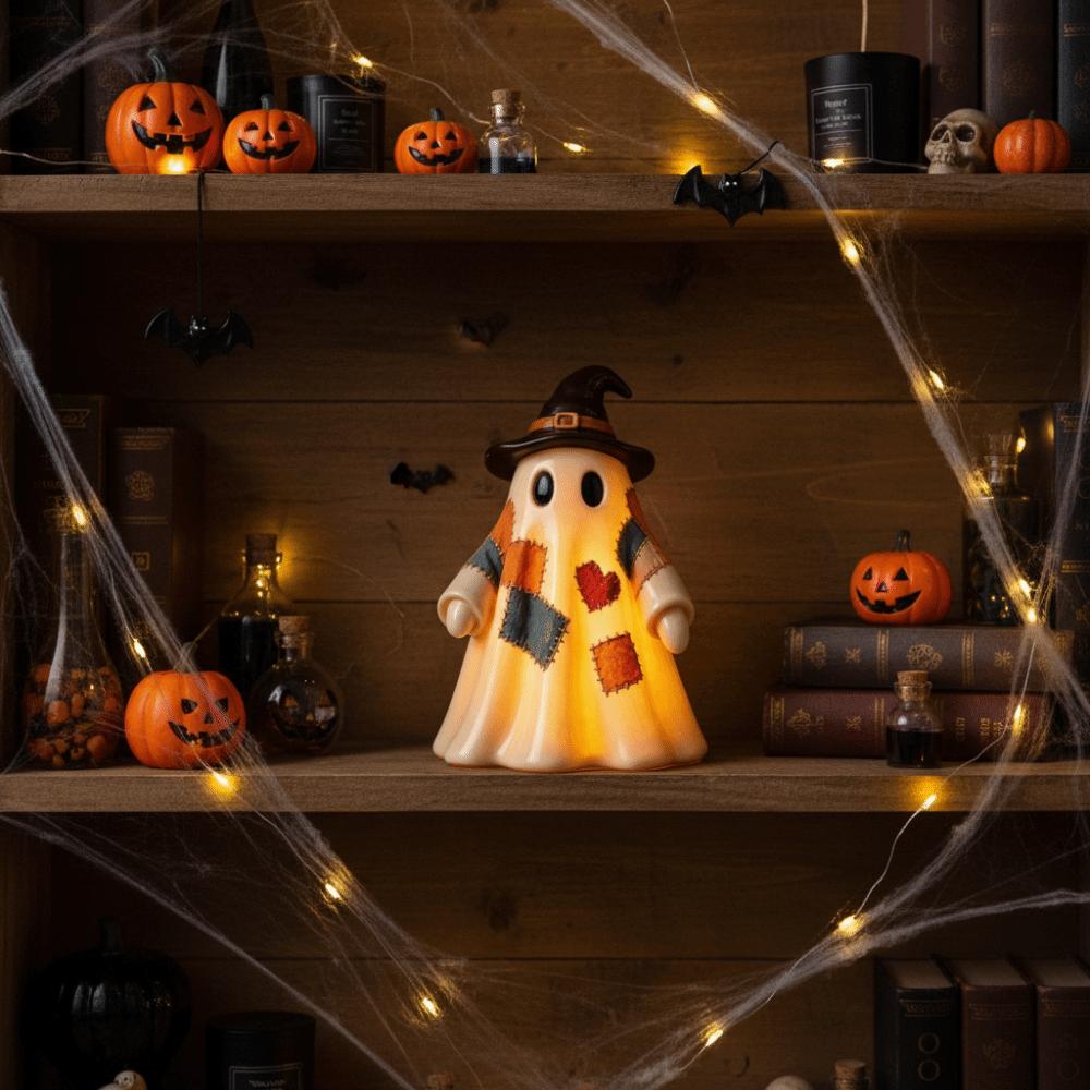 Resin Made Patchwork Ghost Light Lightweight 3D Shaped Ghost Pumpkin Lantern Compact Size Exquisite Detail Witch Hat Figurine