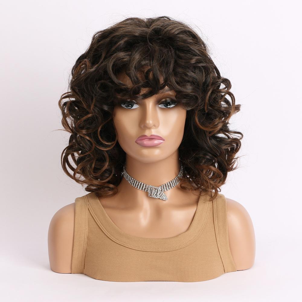 Women Synthetic Curly Fluffy Wig With Bangs Ladies Mixed Black Brown Wig Daily Party Cosplay Use Heat Resistant Fiber Wig