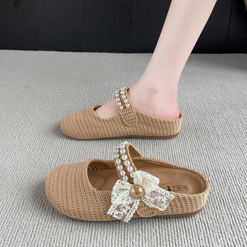 Fashion CRLAYDK Women's Slip On Mules Knit Breathable Slippers Ladies Pearl Strap Backless Slide Walking Dressy Loafers Casual Shoes